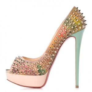 Christian Louboutin Cork Patent Bloom Print Lady Peep Spikes, Multicolor
